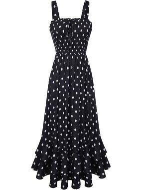Women's Black White Dots Square Neck Strapped A LINE Floral Boho Long Maxi Dress